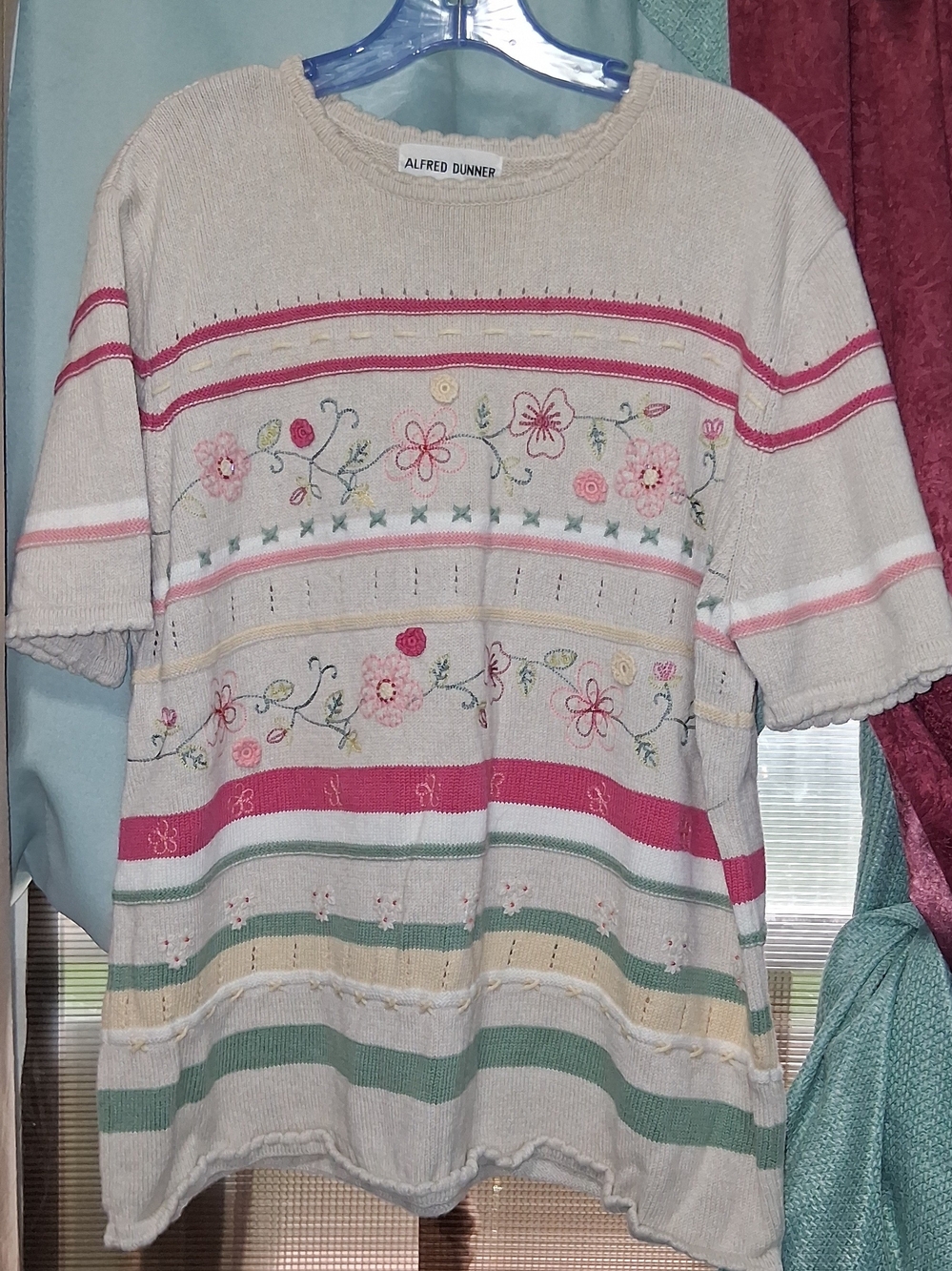 Alfred Dunner Floral Embroidered Striped Cable Sweater Top Size 1X
